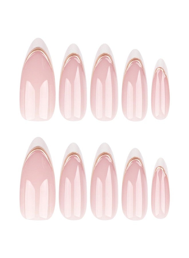 BSBTBZ White French Tip Press on Nails Short Fake Nails with Chrome Gold Line Designs French Nails Press ons Nail Tips Stick on Nails Almond Shape Acrylic False Nails Finger Manicure for Women Daily Wear - Image 5